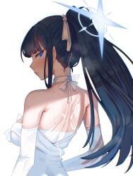 armpit_crease back bare_shoulders blue_archive blue_eyes blue_hair blue_halo blush breasts cheeso_art closed_mouth commentary cum cum_on_back cum_on_body cumdrip dress english_commentary eyelashes female from_behind hair_ribbon halo highres large_breasts looking_at_viewer looking_back mole mole_on_neck off-shoulder_dress off_shoulder ponytail ribbon saori_(blue_archive) saori_(dress)_(blue_archive) sidelocks simple_background solo sweat sweatdrop upper_body wedding_dress white_background white_dress