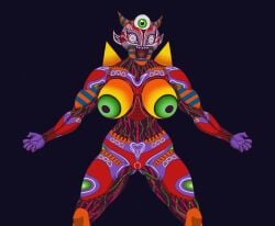 big_breasts body_markings breasts dark_blue_background gummidx horns huge_breasts large_breasts majora majora's_mask majora's_mask_(object) monster monster_girl nintendo nude nude_female tagme taller_girl the_legend_of_zelda
