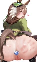 absurdres anal anal_object_insertion animal_ears anus anus_peek artist_name ass blush bottomless braid brown_eyes brown_hair butt_plug censored clothes_lift commentary_request dress dress_lift ear_ornament female from_behind green_dress half_up_braid heart heart-shaped_pupils hermityy highres horse_ears horse_girl horse_tail huge_ass jewel_butt_plug long_hair looking_at_viewer looking_back mosaic_censoring multicolored_hair object_insertion open_mouth paid_reward_available pussy satono_diamond_(umamusume) sex_toy shiny_skin simple_background slap_mark solo squatting streaked_hair symbol-shaped_pupils tail tongue tongue_out umamusume underwear wet white_background