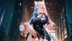 ai_art ai_generated animal_ears blue_hair cat_ears cat_girl cat_tail catgirl cum_in_mug dickgirl futanari futanari holding_mug koneko konekofuta large_breasts large_penis pink_hair store store_clerk two_tone_hair two_tone_hair_(blueandpink)