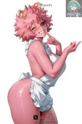 1girls ai_generated artist_name ass bangs bare_shoulders big_ass big_breasts black_sclera blush breasts clenched_teeth clothing curvy eyelashes female female_focus female_only finger_on_cheek grin highres hips horn human large_ass large_breasts looking_at_viewer messy_hair mina_ashido mostly_nude my_hero_academia naked_apron naughty_face no_bra no_panties one_eye_closed parted_lips patreon_username pink_hair pink_skin pinup sampr22 seductive shiny_skin short_hair side_view simple_background smile solo solo_female sweat sweatdrop teeth thick_thighs thighs twitter_username voluptuous watermark white_background wide_hips wink yellow_eyes