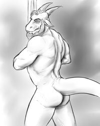 anthro ass beard dragon facial_hair furry horn looking_at_viewer male male_only muscular otter_grafitsnake scalie solo vethuleion