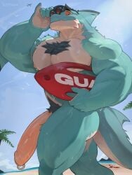 anthro beach day eyewear fangs fish fur genital_piercing genitals hi_res male marine muscular muscular_anthro muscular_male outside penis penis_piercing piercing prince_albert_piercing pubes shark sky sleepymuu solo sunglasses tail teeth wet