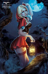 1girls arm_up big_breasts big_breasts black_bra blonde_hair blue_eyes bra breasts britney_waters busty comic_cover cuffs elias_chatzoudis eye_contact eyeshadow female female_only forest grimm_fairy_tales_(comic) holding_lantern lantern large_breasts lipstick little_red_riding_hood long_hair looking_at_viewer makeup mascara miniskirt moon night_sky official_art pinup red_lips red_lipstick red_skirt skirt smile smiling solo standing stockings text thighhighs thighs tree zenescope zenescope_entertainment