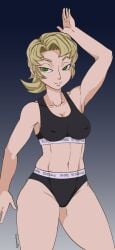 1girls bedroom_eyes belly belly_button black_bra black_panties blonde_female blonde_hair breasts calvin_klein cameltoe cleavage collarbone cropped_legs dark_blue_background female gradient_background green_eyes gummidx ilia in_underwear legs_out_of_frame light-skinned_female light_skin medium_breasts midriff nintendo nipple_bulge posing shaded short_hair slim_waist tagme the_legend_of_zelda thighs twilight_princess