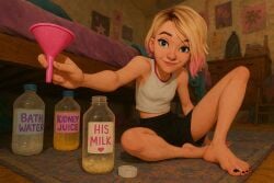 across_the_spider-verse ai_generated asking_for_it barefoot bedroom blonde_female blonde_hair blue_eyes bodily_fluids body_fluids collecting_cum collecting_urine cum cum_collecting cum_collection cum_in_container dirty_socks feet female female_focus fluids funnel girl girly gwen_stacy gwen_stacy_(spider-verse) heart_symbol implied_masturbation implied_pee intimate miles_morales multicolored_hair pee piss pov self_upload smile smiling_at_viewer solo_female spider-gwen spider-man:_across_the_spider-verse superhero superheroine teenage_girl teenager toenail_polish toenails toes urine writing