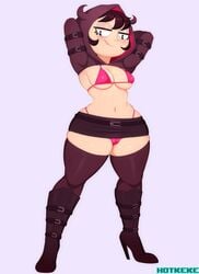 black_hair breasts clothing ear_piercing exposed_breasts female female_only fingerless_gloves gloves hair hotkeke human my_life_as_a_teenage_robot piercing shirt shirt_up shorts solo thick_thighs thighhighs thighs tiff_crust