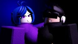 2girls 3d artist_request big_breasts black_hair busty censor_bar censored_eyes clothed female iris_(rusmynth) original_character original_characters purple_eyes purple_hair roblox robloxian source_request tagme unseen_(unseenfury) white_body