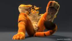 3d 4_toes anthro balls feet_up felid front_view hand_behind_head hi_res humanoid_penis looking_at_viewer lying male male_only mammal morenatsu nude pantherine pawpads penis simple_background solo spexwulf tiger toes torahiko_(morenatsu) uncut