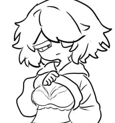 1girls admiral_kiara_after black_and_white bra breasts exposed exposed_breasts hoodie_lift lifting liliaoutcontext medium_breasts oc peeking_out roblox sketch tagme