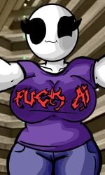bald bald_female big_breasts black_eyes breasts chetoh chubby chubby_female claire_(chetoh) clothed clothed_female egg female female_focus female_only jeans looking_at_viewer oc original original_character pressed_against pressed_against_wall purple_shirt shirt text text_on_shirt white_body