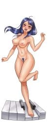 :d ahoge akamatsu_kaede barefoot blue_hair blush breasts cg completely_nude feet female female_pubic_hair full_body green_background hair_ornament hairclip hentai_heroes kinkoid large_breasts long_hair looking_at_viewer navel nipple_piercing nipples nude official_art open_mouth parody piercing pubic_hair pussy red_eyes simple_background smile solo standing toes transparent_background uncensored yuja_(hentai_heroes)