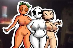 3girls alternate_version_available background bald bald_female belly belly_button big_breasts black_eyes bread breasts censored censored_nipples censored_pussy chetoh chubby chubby_female claire_(chetoh) cleavage completely_nude completely_nude_female egg female female_focus female_only food food_creature height_difference leaf leaf_hair looking_at_viewer multiple_girls naked naked_female no_mouth nude nude_female oc orange orange_skin original original_character original_characters photo_background pixelated smile smiling smiling_at_viewer tan_skin white_body