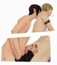 2boys 2d 2d_(artwork) anal armband artist_signature ass black_hair black_nails blonde_hair closed_eyes completely_nude couple dark_hair earrings facial_mark fingerless_gloves from_side front-to-back gloves hand_on_another's_ass heart highres jewelry light-skinned_male light_hair light_skin lower_body male male_focus male_only male_penetrated midriff motion_lines multiple_boys nail_polish naruto naruto_(series) nipples no_headband nude painted_nails sex short_hair sigh simple_background skinny spiked_hair tam_e_lee tamelee uchiha_sasuke upper_body uzumaki_naruto uzumaki_symbol whisker_markings white_background yaoi