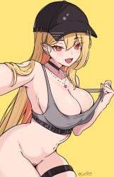 absurdres artist_name bare_shoulders baseball_cap black_choker black_hat blonde_hair blush bottomless breasts choker cleavage collarbone commentary coubalty cowboy_shot ear_piercing english_commentary female female_pubic_hair fingernails grey_sports_bra hair_between_eyes hat highres jewelry large_breasts long_fingernails long_hair looking_at_viewer navel necklace open_mouth original piercing pubic_hair red_eyes simple_background smile solo sports_bra star_(symbol) star_necklace stomach strap_lift teeth thigh_strap upper_teeth_only variant_set very_long_hair yellow_background