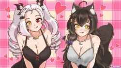 2girls animal_ear_fluff animal_ears animal_tail barefoot big_breasts black_hair blush cleavage duo_female duo_focus exposed_shoulders hairclip heart hearts_around_body licking_lips light_blush light_gray_hair liliana_vampaia looking_at_viewer lord_grax lunaris_urufi necklace nightwear side_ponytail tongue tongue_out twins two_girls vampire vampire_girl virtual_youtuber wolf_ears wolf_girl wolf_tail