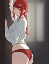 1girls ai_generated chainsaw_man makima_(chainsaw_man) panties red_hair red_panties shirt_and_panties solo sweater white_sweater yellow_eyes zloimakak