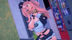 3d 3d_(artwork) areolae big_breasts breasts breasts_out censored curvy_figure ear_piercing exposed_breasts female female_focus female_only female_pervert green_eyes hourglass_figure koikatsu large_areolae large_breasts long_hair mole mole_under_eye naked_female nicole_demara one_breast_out painted_nails pale_skin phone pink_hair public public_exposure public_indecency pulling_clothing pulling_own_clothes seductive short_shorts smug solo solo_female zenless_zone_zero