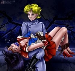 1boy 1girls bishoujo_senshi_sailor_moon black_hair bondage closed_eyes feet_tied female hands_tied_in_front long_gloves male princess_carry purple_tape red_high_heels rope rope_bondage sailor_mars sailor_senshi_uniform sleepycomics tape tape_gag unconscious very_long_hair