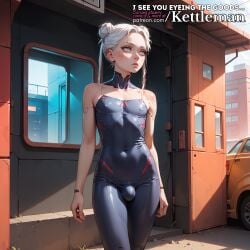 ai_generated bulge cybernetics cyberpunk cyborg femboy feminine feminine_male kettleman latex latex_clothing penis_bulge sissy skin_tight slender_waist slim_waist standing trap twink white_hair