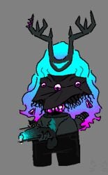 aliasing alien bioluminescence black_pants black_skin claws cloak corru.observer cyan_hair female floating_hands glowing gradient_hair hair_over_eyes horn_jewelry horn_ring_(piercing) horns kazki_(corru.observer) masturbation non-human obesk pants_down piercing precum_drip pubic_hair solo tagme trans_woman transfem