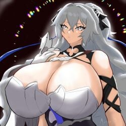 1girls breasts bronya_zaychik bust busty cleavage dress earrings female female_only garland33 huge_breasts large_breasts light-skinned_female light_skin long_hair looking_at_viewer ponytail silver_eyes silver_hair solo tied_hair