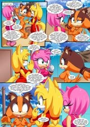 3girls amy_rose anthro ass barefoot bbmbbf blush breasts comic dialogue feet female female_only mobian_(species) mobius_unleashed nipples nude palcomix pussy releasing_your_inner_wild_side_(comic) sega sonic_(series) sonic_boom sonic_the_hedgehog_(series) speech_bubble sticks_the_badger zooey_the_fox