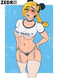 big_breasts big_butt big_thighs big_titties breasts clothing curvaceous female female_focus female_only jojo's_bizarre_adventure jolyne_kujo looking_at_viewer short_hair tattoo text_on_clothing text_on_shirt text_on_topwear zedro