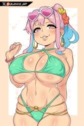 arm_behind_back artist_name bikini blannis blue_hair border breasts covered_erect_nipples cowboy_shot curvy eyebrows_hidden_by_hair eyelashes female female_focus fingernails green_bikini grin gyaru hand_up hozuki_kaede huge_breasts lips long_fingernails looking_at_viewer medium_hair multicolored_hair nail_polish naughty_face navel onii-chan_wa_oshimai! parted_lips pink-tinted_eyewear pink_eyes pink_hair pink_nails ponytail smile solo sunglasses sunglasses_on_head swimsuit teeth thighs tinted_eyewear two-tone_hair white-framed_eyewear white_background wide_hips yellow_border