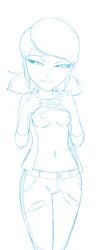 area_(artist) biting_lip blue_hair embarrassed female female_only jeans marinette_cheng marinette_dupain-cheng miraculous_ladybug navel nude shirt_lift sketch solo solo_focus