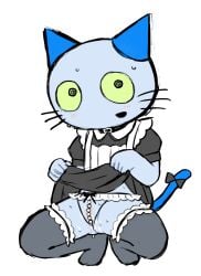 anthro bead_panties blue_ears blue_tail blush bodily_fluids champelle collar cuntboy feline furry intersex lifting_skirt light_blue_fur maid_uniform oyasaioni9 presenting_pussy spiral_eyes squatting sweat teach_(teach_the_cat) teach_the_cat thighhighs whiskers yellow_eyes