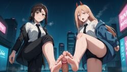 1boy 2girls ai_generated bare_legs barefoot black_necktie blonde_hair breasts brown_eyes brown_hair chainsaw_man city cityscape erosaga feet female femdom foot_focus footjob formal hair_ornament horns jacket kobeni_higashiyama long_hair male multiple_girls necktie night off_shoulder penis power_(chainsaw_man) rain shirt shorts skyscraper soles standing sweat toenails toes two-footed_footjob