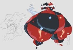 black_clothing blubberblimp bottom_heavy checkered_clothes dc dc_comics devil_tail enormous_thighs grey_body harley_quinn harley_quinn_(classic) heels hyper_belly hyper_thighs jester_hat meat_wall_(body_type) neck_ruff red_clothing reflective_clothing sharp_teeth size_difference sketch white_background