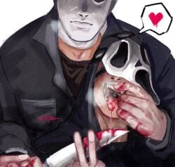 2boys blood blood_on_face danny_johnson dead_by_daylight degradation drool drooling enigma_system fingers_in_mouth gay gay_domination ghostface halloween_(series) heart_emoji into_it jumpsuit knife knife_play male mask masked masked_male michael_myers mouthplay saliva
