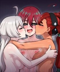 3girls aldharoku amate_yuzuriha blush breasts canon_couple chocolate_and_vanilla completely_nude dark-skinned_female female female_only fff_threesome gundam gundam_gquuuuuux gundam_suisei_no_majo heart-shaped_pupils hugging interracial_yuri kissing kissing_cheek light-skinned_female long_hair miorine_rembran naked nipples nude nude_female ponytail red_hair short_hair suletta_mercury threesome upper_body white_hair yuri