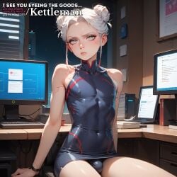 ai_generated annoyed bulge computer cybernetics cyberpunk cyborg dress femboy feminine feminine_male kettleman latex latex_clothing male male_only office penis_bulge secretary sissy sitting skin_tight slender_waist slim_waist trap twink white_hair