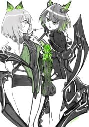 1futa arknights female futanari kal'tsit_(arknights) lionrion low_res mon3tr_(arknights) selfcest surprised