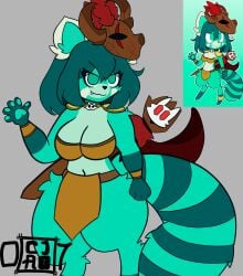 cjao_07 furry furry_ears furry_female furry_tail green_hair green_skin huge_thighs mask medieval_clothing original_character racoon_ears racoon_girl racoon_tail