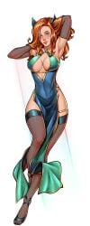 1girls amouranth arms_behind_head boob_window breasts character_request chinese_clothes copyright_request detached_sleeves female full_body harem_heroes kinkoid large_breasts long_hair nutaku orange_hair pantyhose promotional_art thighhighs white_background