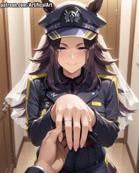 1girls ai_generated animal_ears artifical_art black_hair black_hat bride female fenomeno_(umamusume) horse_ears horse_girl horse_tail light-skinned_female light_skin peaked_cap perfect_body purple_eyes umamusume umamusume_pretty_derby white_gloves