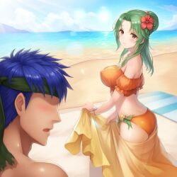 1boy1girl ai_generated ass beach beach_sex big_breasts bikini blue_hair blush blushing breasts elincia_ridell_crimea elincia_ridell_crimea_(summer) female fire_emblem fire_emblem:_path_of_radiance fire_emblem:_radiant_dawn green_hair ike_(fire_emblem) large_breasts male nintendo partially_clothed straight swimsuit