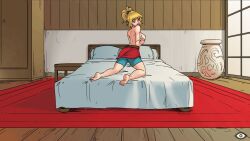1girbreasts ass barefoot bed bed_sheet bedroom bike_shorts blonde_hair blue_eyes boxers breast_hold cg covering_breasts covering_privates feet full_body hentai_heroes indoors kinkoid kneeling large_breasts looking_at_viewer looking_back mitarashi_anko official_art on_bed parody pillow ponytail shorts smile solo solveig_(hentai_heroes) topless