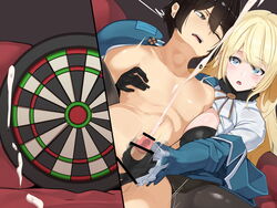 1boy 1girls :o admiral_(kantai_collection) aiming atago_(kantai_collection) beret black_bra black_legwear blonde_hair blue_eyes blush bra breasts breasts_out brown_eyes brown_hair censored clothed_female_nude_male collarbone cum dartboard dutch_angle ejaculation eyebrows_visible_through_hair female fur_collar gloves hanazawa_suou handjob hat highres hug hug_from_behind indoors kantai_collection nude one_eye_closed pale_skin pantyhose penis reach_around spread_legs target testicles underwear uniform