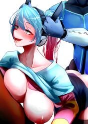 against_wall ass big_breasts breasts clothing clothing_pull_up cock_in_ass eyes_rolling_back ezra_(dinosaury) female girl handlebars holding_head man_behind open_mouth ponytail sweat totemoire twitch twitch.tv vaginal_penetration vtuber youtuber