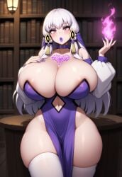 1girls adapted_costume ai_generated alternate_breast_size areola areolae belt_buckle belt_collar bimbo bimbo_body bimbo_lips bimbofication bimbofied blush breasts breasts_bigger_than_head chest_tattoo collar colored_nails detached_sleeves dress eyeshadow female female_only fire_emblem fire_emblem:_three_houses gray_hair grey_hair hand_on_breast hand_on_chest hand_up heart_symbol heart_tattoo huge_breasts library lipstick long_nails lysithea_von_ordelia magic massive_breasts navel navel_cutout novelai o_face open_mouth pelvic_curtain puffy_detached_sleeves puffy_sleeves silver_hair solo solo_female sorceress strapless tattoo tgm101_(artist) thick_lips thick_thighs thighhighs thin_waist white_hair wide_hips