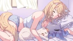 animal_ear_fluff animal_ears bangs bare_arms bare_shoulders barefoot bed bed_sheet blonde_hair blush breasts camisole closed_eyes closed_mouth collarbone curtains eyebrows_visible_through_hair female long_hair lying midriff on_side pillow short_shorts shorts sleeping solo squchan_(vtuber) tail tank_top vyugen