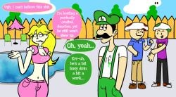 annoyed annoyed_expression beer blue_sky comic dialogue english_text female fence illis looking_away luigi mario_(series) midriff pool pool_party poolside princess_peach shirt smoking smoking_weed speech_bubble toad_(mario) weed