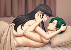 1boy 1girls adricarra after_sex astrid_(fire_emblem) bed bed_sheet black_hair commission convenient_censoring couple cowgirl_position eye_contact female fire_emblem fire_emblem:_radiant_dawn green_hair hand_on_another's_cheek hand_on_another's_face hand_on_another's_head implied_after_sex looking_at_another lying_on_person male on_back on_bed open_mouth romantic romantic_couple smile sothe_(fire_emblem) straight vgen_commission wholesome