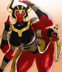 4_arms alien alien_girl armor artist_name artist_signature ass ben_10 ben_10_omniverse big_thighs breasts costume female flipping_off flipping_viewer_off fully_clothed huge_ass huge_breasts huge_thighs lifting_skirt logo looma_red_wind muscular muscular_female nbaka001 orange_eyes patreon_logo red-skinned_female red_lips red_skin solo solo_female tetramand twitter_logo wrappings