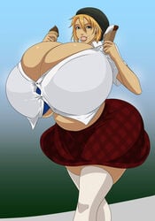 1girls big_ass big_breasts blonde_hair blue_eyes bra button_gap dessert female female_only food gigantic_breasts hat huge_ass huge_breasts human hyper_breasts ice_cream impossible_clothes large_breasts looking_at_viewer pregnant skirt smile solo thick_thighs thighhighs wide_hips zdemian